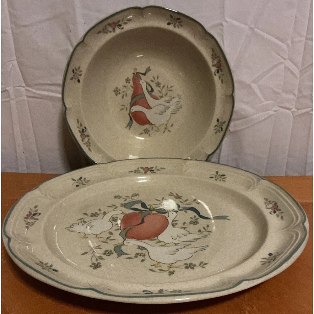 International Stoneware Marmalade Goose Serving Plate 12.25" & Bowl 9.25"